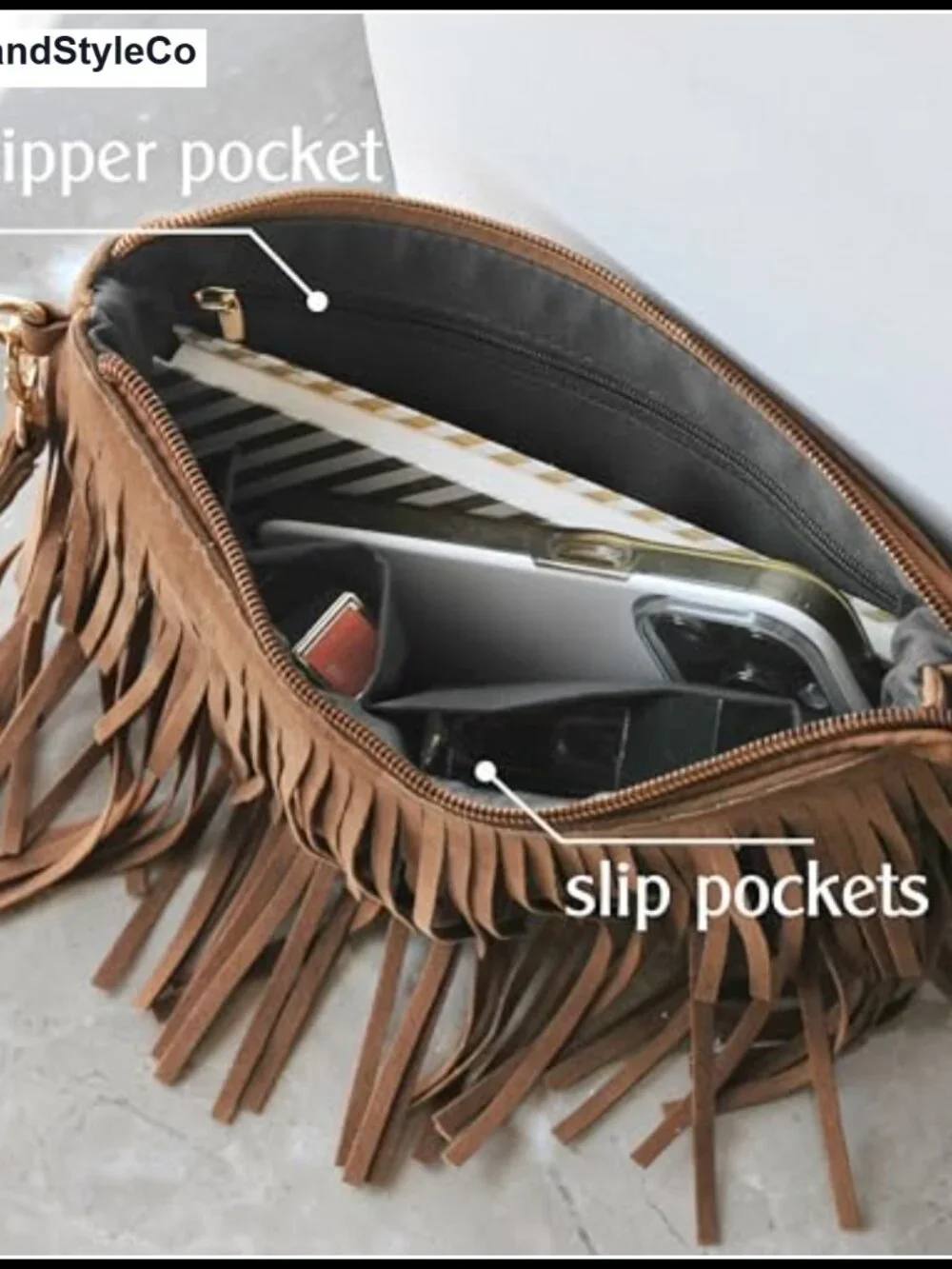 Faux Suede Leather Fringe Crossbody Bag with Detachable Wristlet Chain Strap